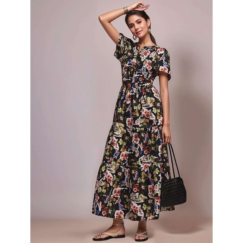 Anthropologie Somerset Maxi Dress XXS Black Floral Tiered Smocked Romantic Boho